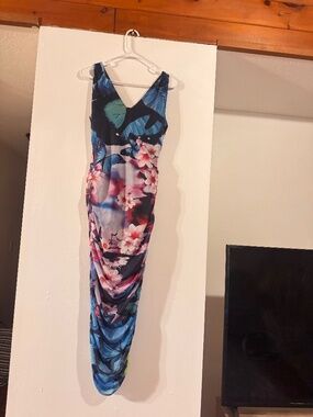 Butterfly print ruched sides mesh dress with liner